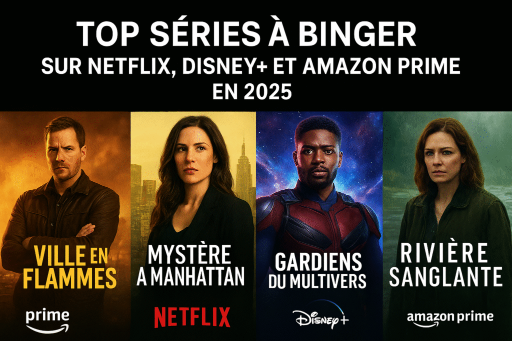 Affiche promotionnelle de la nouvelle série à suspense "Ville en Flammes" (2025) avec mentions "Gardien du Multivers" et "Manhattan". Concept de multiverse, mystère et action. À regarder sur Netflix, Disney+ et Amazon Prime. Prochaine série à binge-watcher.